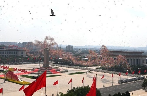 这是纪念大会现场放飞和平鸽和气球。新华社记者 马宁 摄